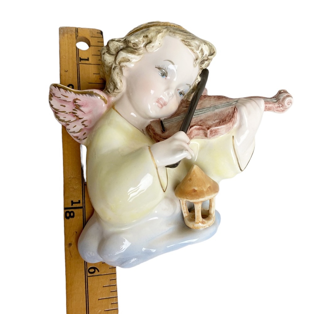 Vintage Italy porcelain cherub playing violin lantern metal hook 6”x6” Victorian - Picture 7 of 9